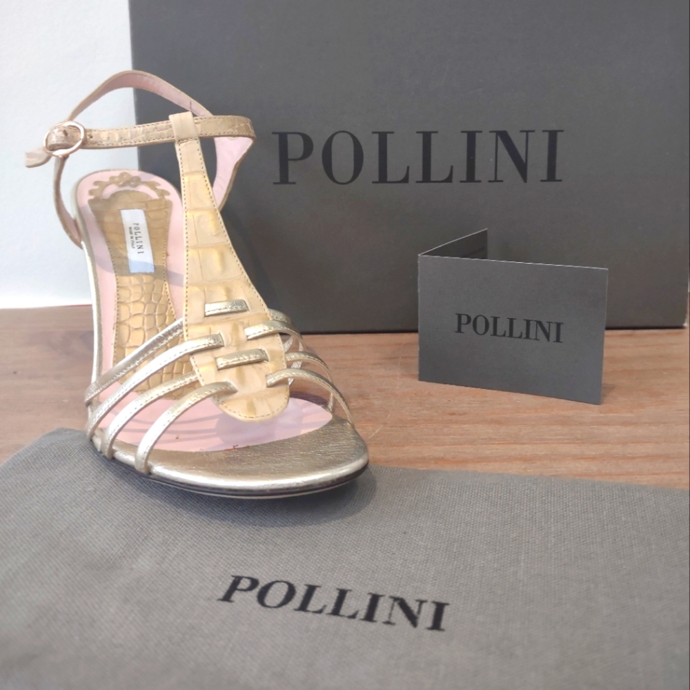 Pollini gold croc embossed strappy heels 39/ 8.5 NIB read